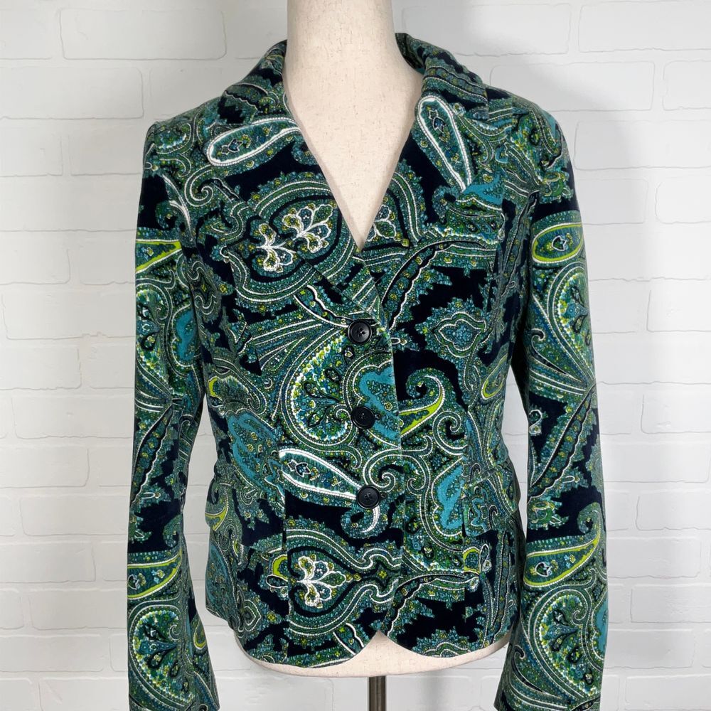 Talbots Blazer Women 8 Blue‎ Green Paisley Peaked Classic Velvet Stretch Jacket